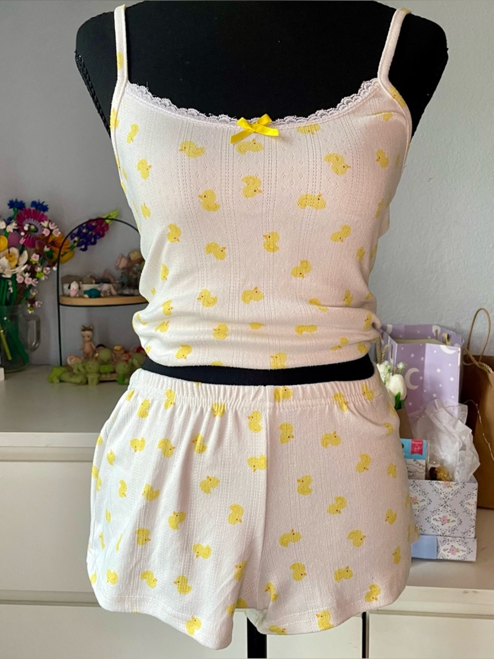 Strawberry Kiss Yellow Duck Print White Cami Pajama Set Women's Size M (& XS)